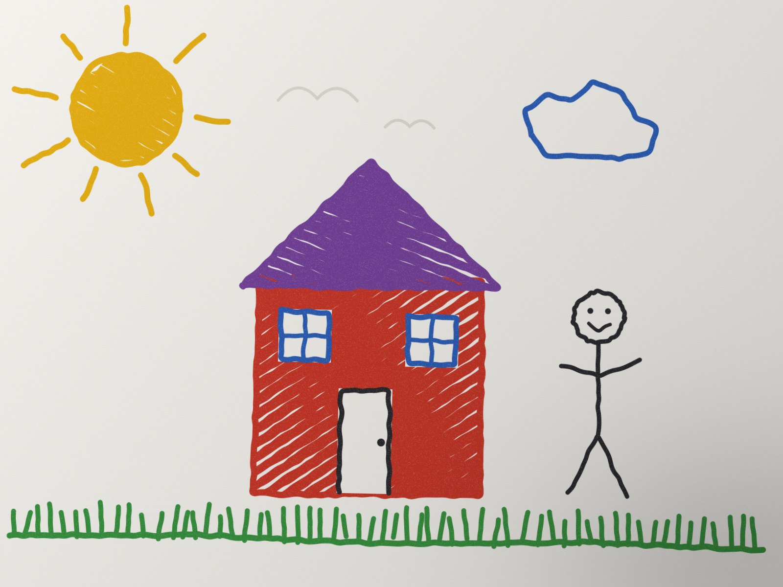 The sample: a drawing in a child's manner on white paper, photographed in daylight. A sun with nine rays, a red house with a purple roof and blue windows, a stick figure, green grass, and two pencil birds rubbed out.